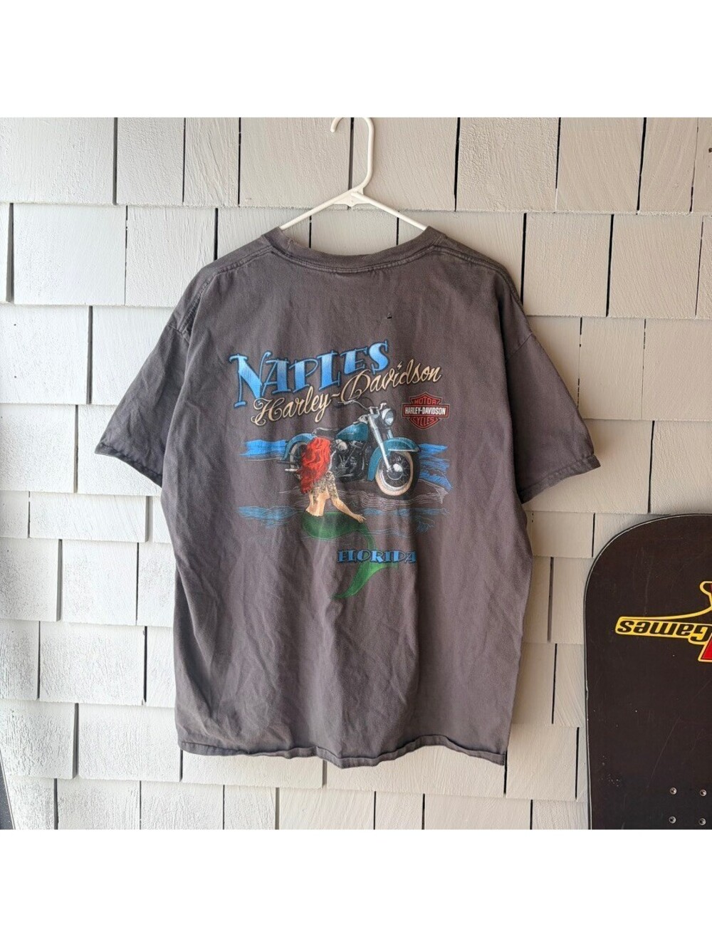 Harley Davidson Naples Florida Mermaid Tee Y2K XL Gray Faded